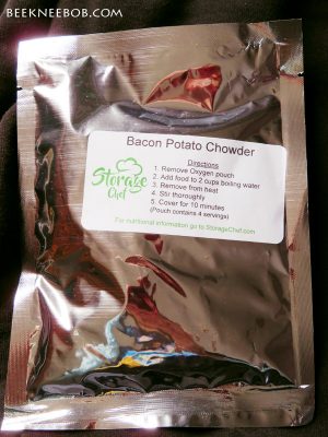 An image of Storage Chef's metallic pouch of Bacon Potato Chowder with instructions on the front