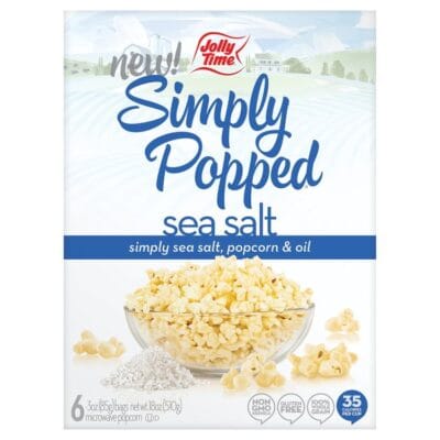 Jolly Time Simply Popped Sea Salt Microwave Popcorn, buttery and salty with light seasoning