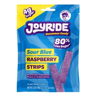 Joyride Sour Blue Raspberry Strips by Ryan Trahan, soft gummy candy with prebiotic fiber and tangy raspberry flavor